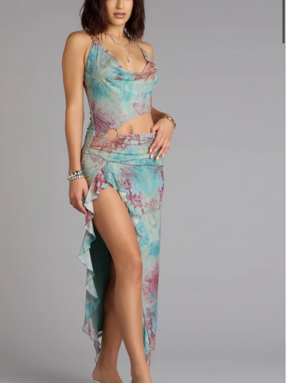 Windsor Aqua and Dusty Rose Floral Maxi Dress with High Slit